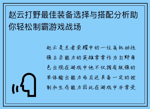 赵云打野最佳装备选择与搭配分析助你轻松制霸游戏战场